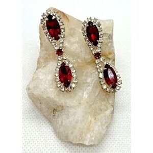 Vintage Red & Clear‎ Rhinestone Silver Tone Dangle/Drop Earrings Retro Glam